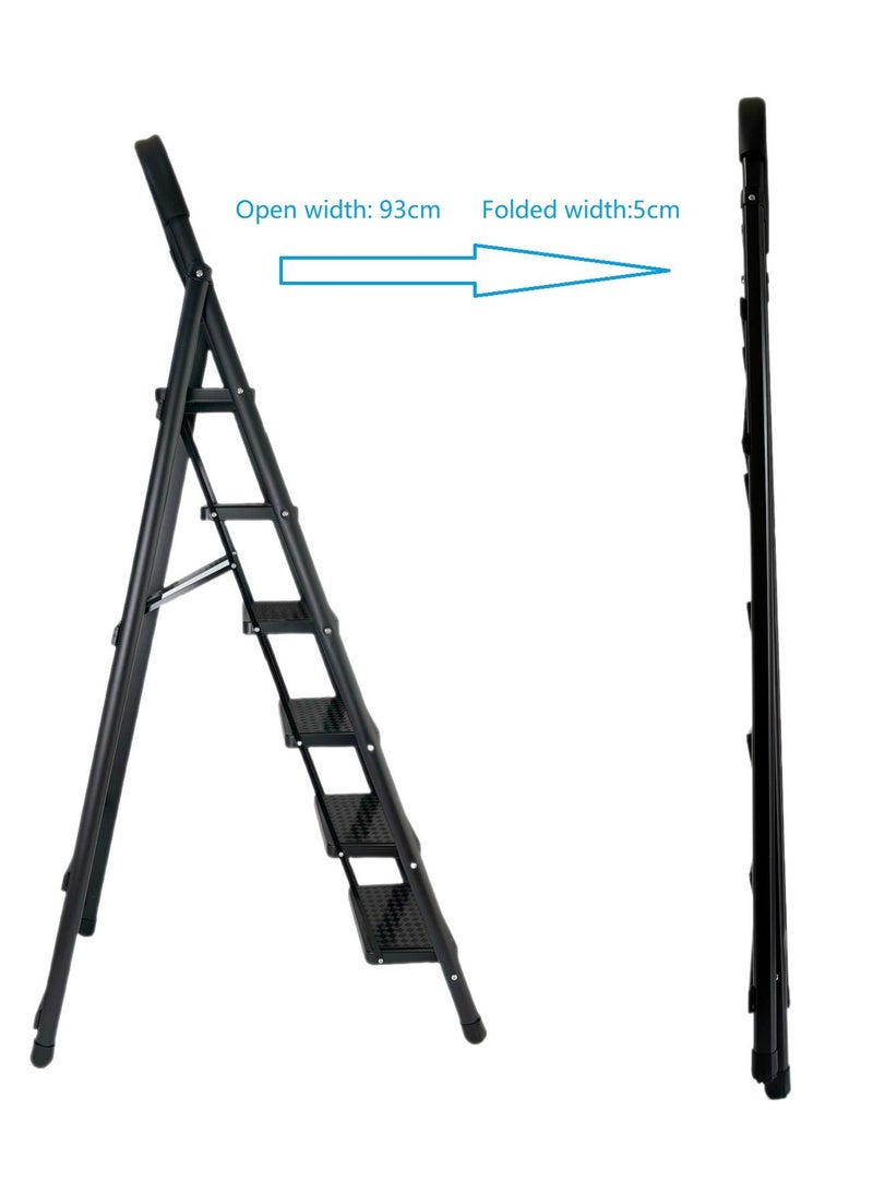 كابجون سلم قابل للطي بخطوات للاستخدام المنزلي، سلم قابل للطي بالخدمة الشاقة مع درع ودواسات عريضة غير انزلاقية، سلم فولاذي خفيف الوزن للمطبخ والمكتب والمكتبة والمستودعات (أسود، 6 درجات) - Image 3